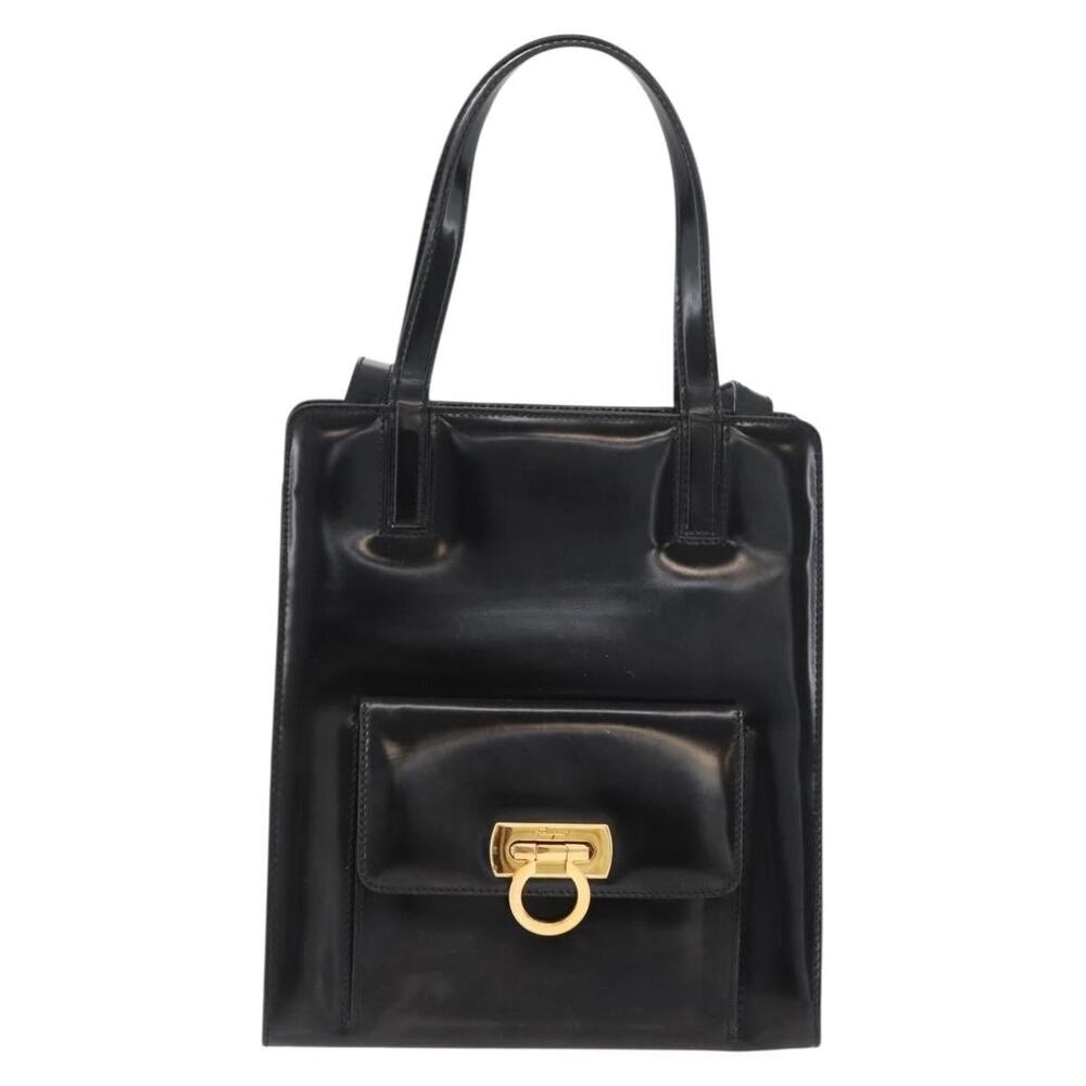 Salvatore Ferragamo Patent Leather Gancini Handbag Black